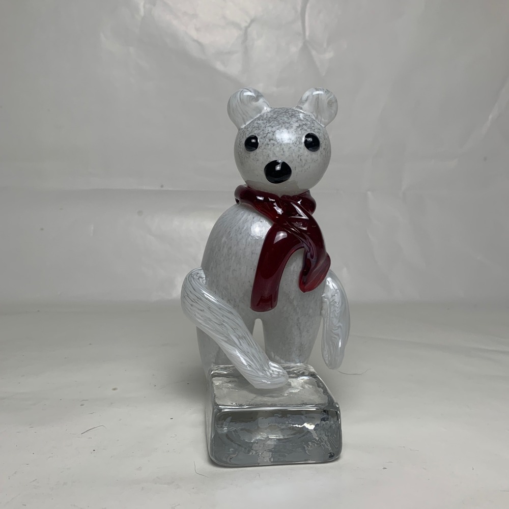 Polar Bear Figurine Hand Made Art Glass White Red Scarf Ice Block Vtg EUC